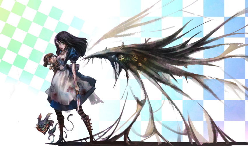 1girl, alice:_madness_returns, alice_(wonderland), alice_in_wonderland, american_mcgee's_alice, black_hair, black_legwear, blood