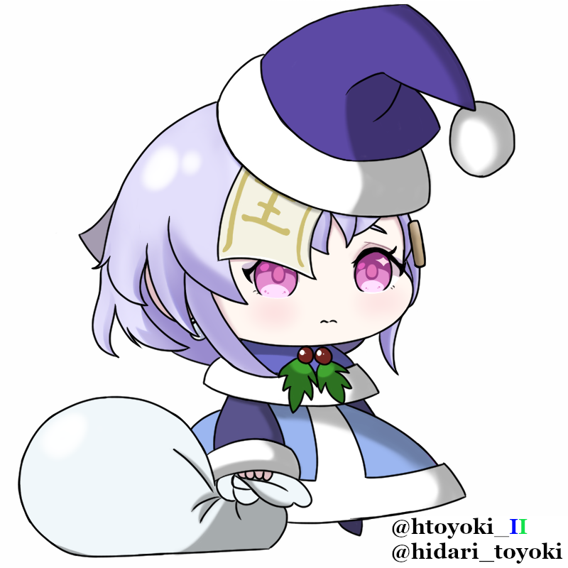 1girl, bangs, chibi, closed_mouth, dress, eyelashes, frown, genshin_impact, hat, hidari_toyoki, holding, holding_sack, padoru, purple_hair, qiqi, sack, santa_hat, short_hair, signature, simple_background, solo, violet_eyes