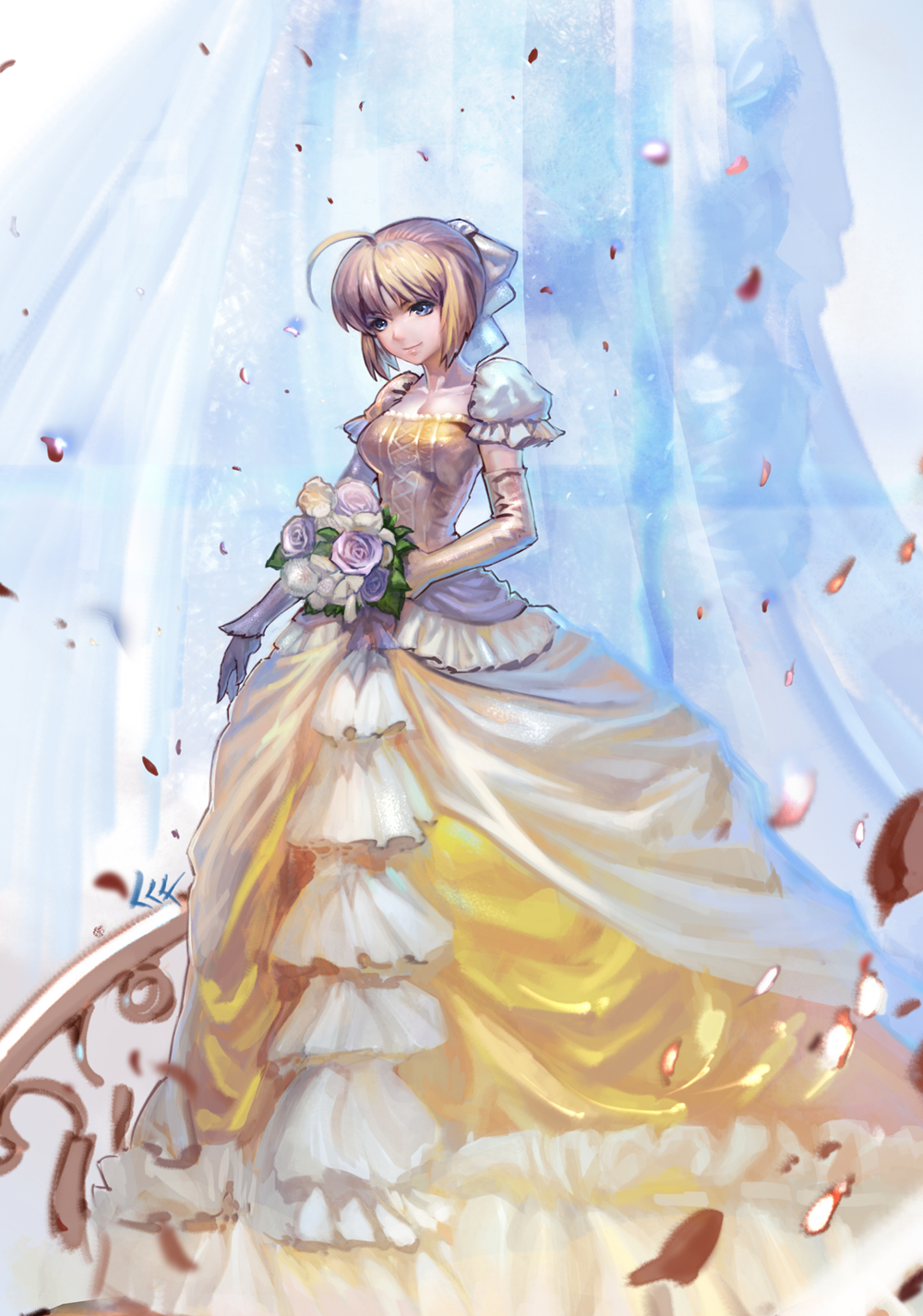 1girl, ahoge, artoria_pendragon_(all), blonde_hair, blue_eyes, bouquet, breasts, bride