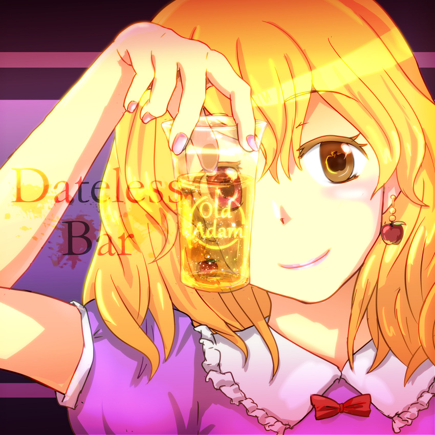 1girl, alcohol, apple, blonde_hair, bow, cup, dateless_bar_"old_adam", drink