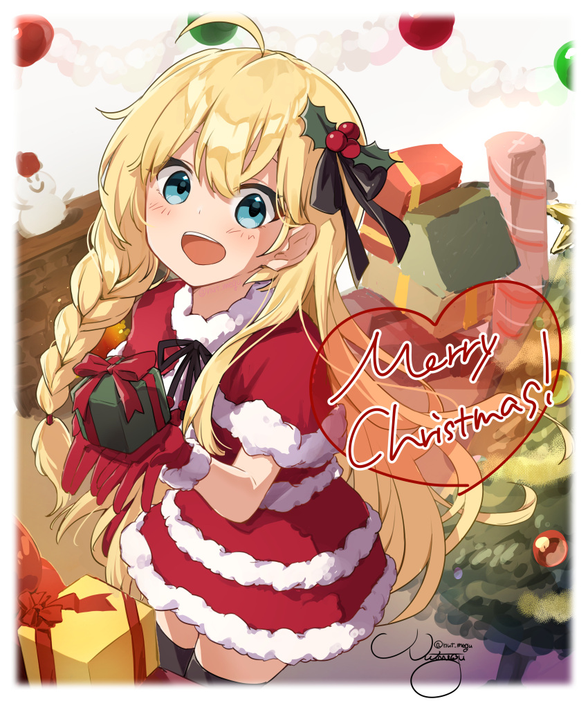 1girl, :d, absurdres, ahoge, bangs, black_bow, black_legwear, black_ribbon