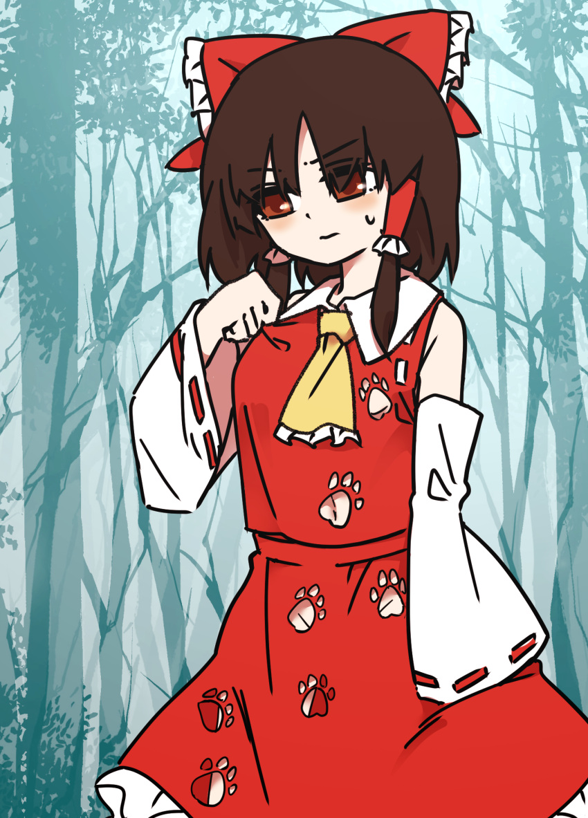 1girl, blush, bow, breasts, brown_eyes, brown_hair, clothing_cutout, commentary_request, detached_sleeves, eyebrows_visible_through_hair, groin, hair_bow, hair_tubes, hakurei_reimu, highres, karashi_chikuwa, looking_away, medium_hair, navel, navel_cutout, no_bra, no_panties, nontraditional_miko, paw_print, red_bow, ribbon-trimmed_sleeves, ribbon_trim, shirt_tug, solo, sweat, touhou, tree, wily_beast_and_weakest_creature