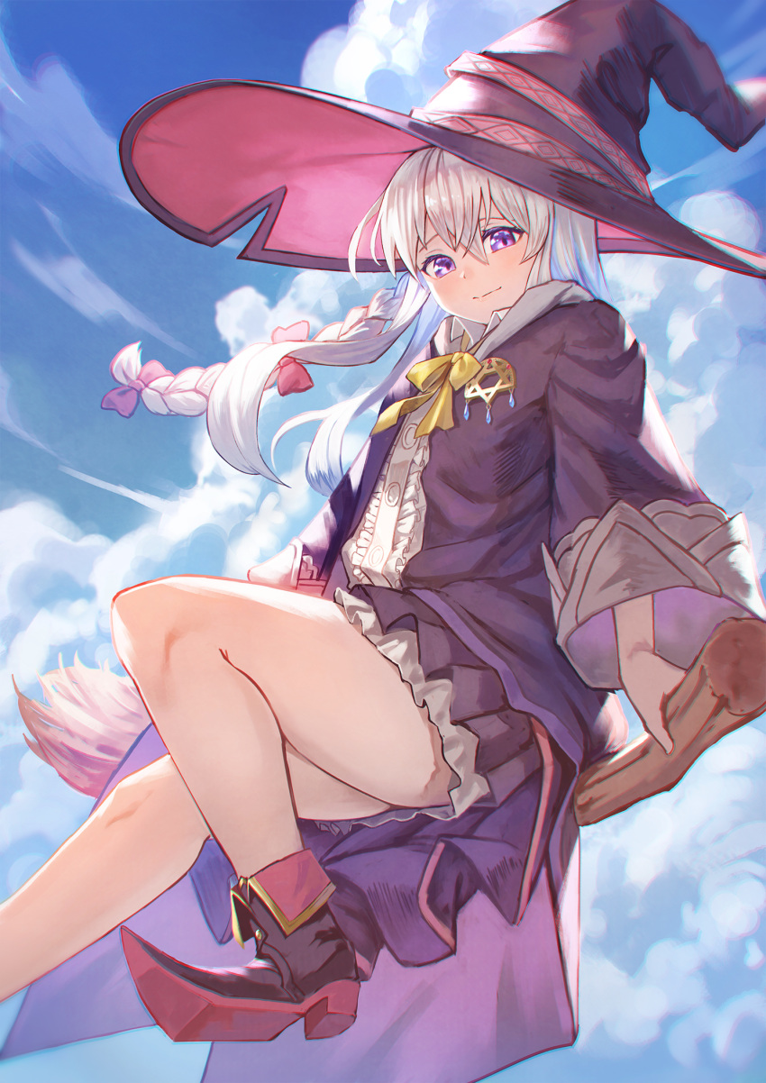 1girl, bangs, black_footwear, black_headwear, black_robe, black_skirt, blue_hair, blue_sky