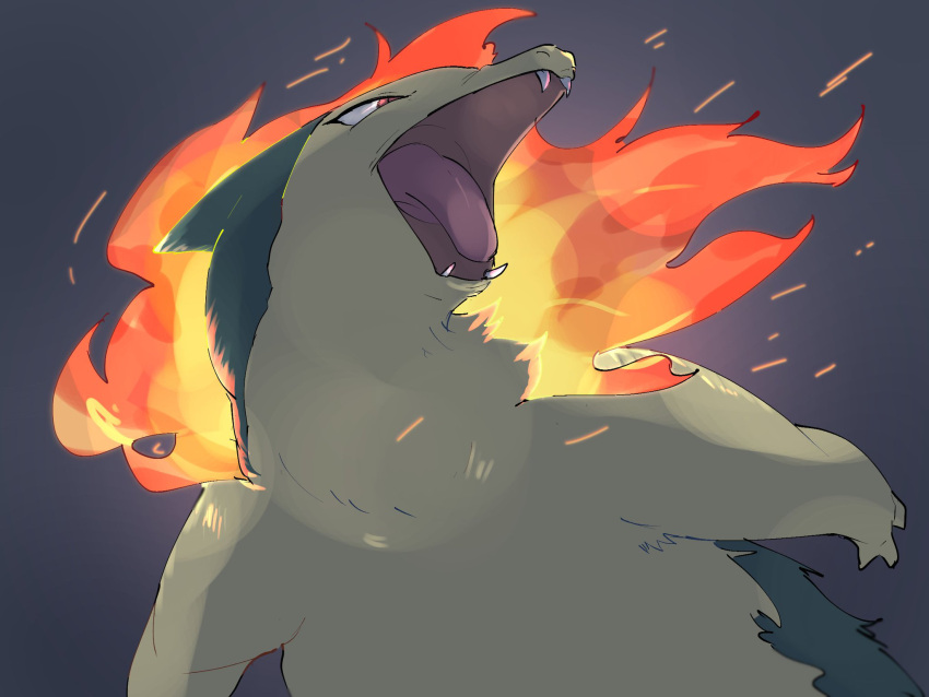 commentary_request, fangs, fire, gen_2_pokemon, glowing, grey_background, highres, looking_to_the_side