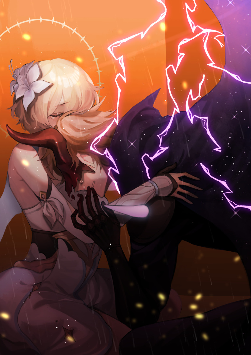 1boy, 1girl, absurdres, angst, aura, bare_shoulders, blonde_hair, cape