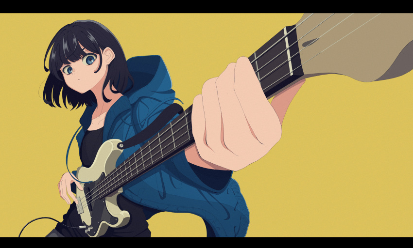 1girl, absurdres, bangs, bass_guitar, black_hair, black_shirt, blue_eyes, blue_jacket