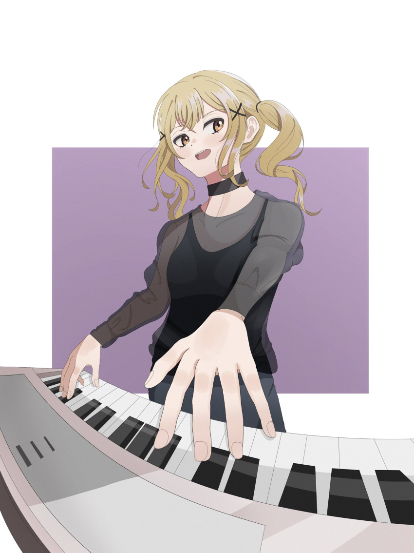 1girl, bang_dream!, bangs, black_collar, black_shirt, blonde_hair, collar, hair_ornament