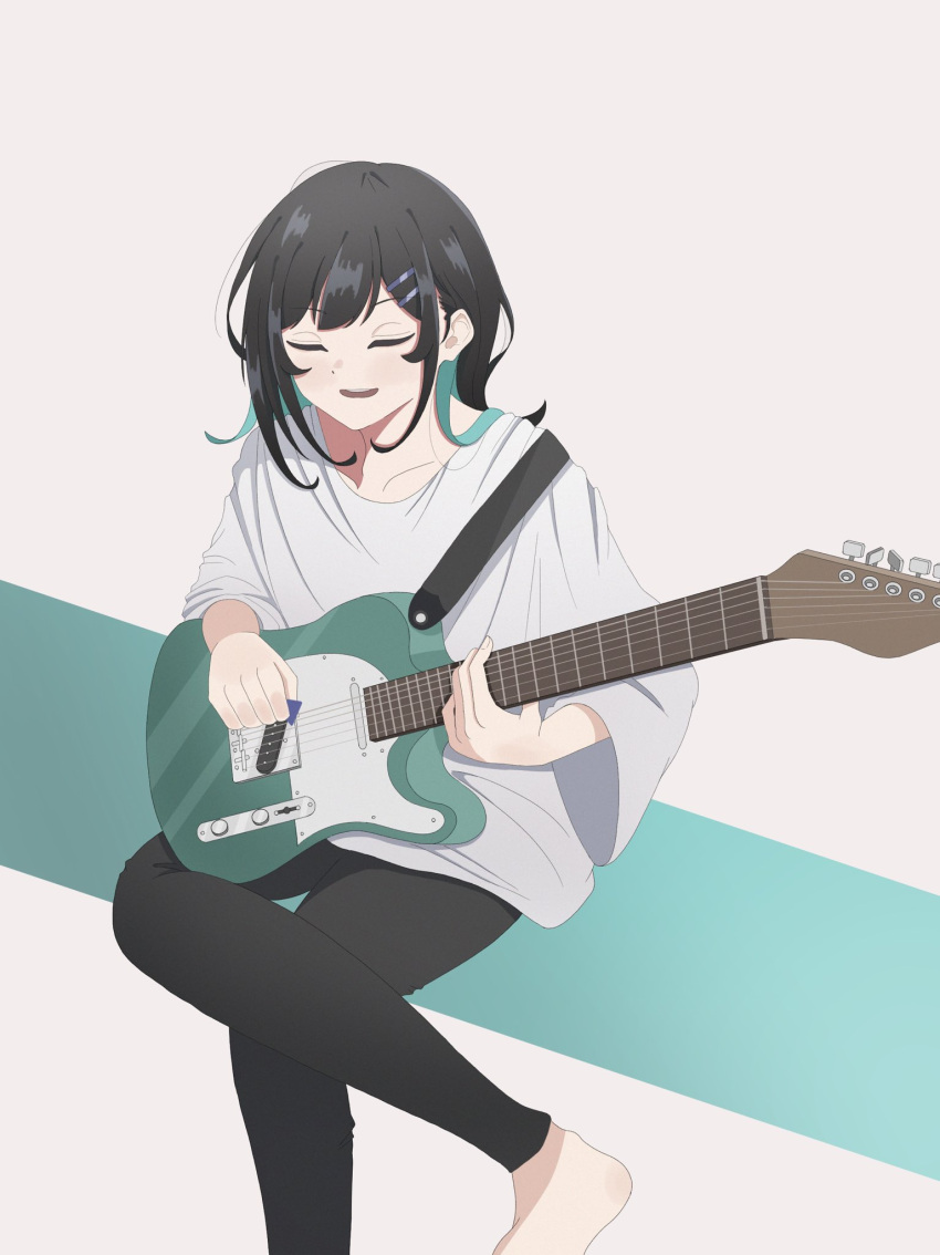 1girl, barefoot, black_hair, black_pants, crossed_legs, guitar, hair_ornament, hairclip, highres, instrument, long_hair, long_sleeves, music, open_mouth, original, pants, playing_instrument, shirt, smile, solo, white_shirt, wide_sleeves, yasou0049