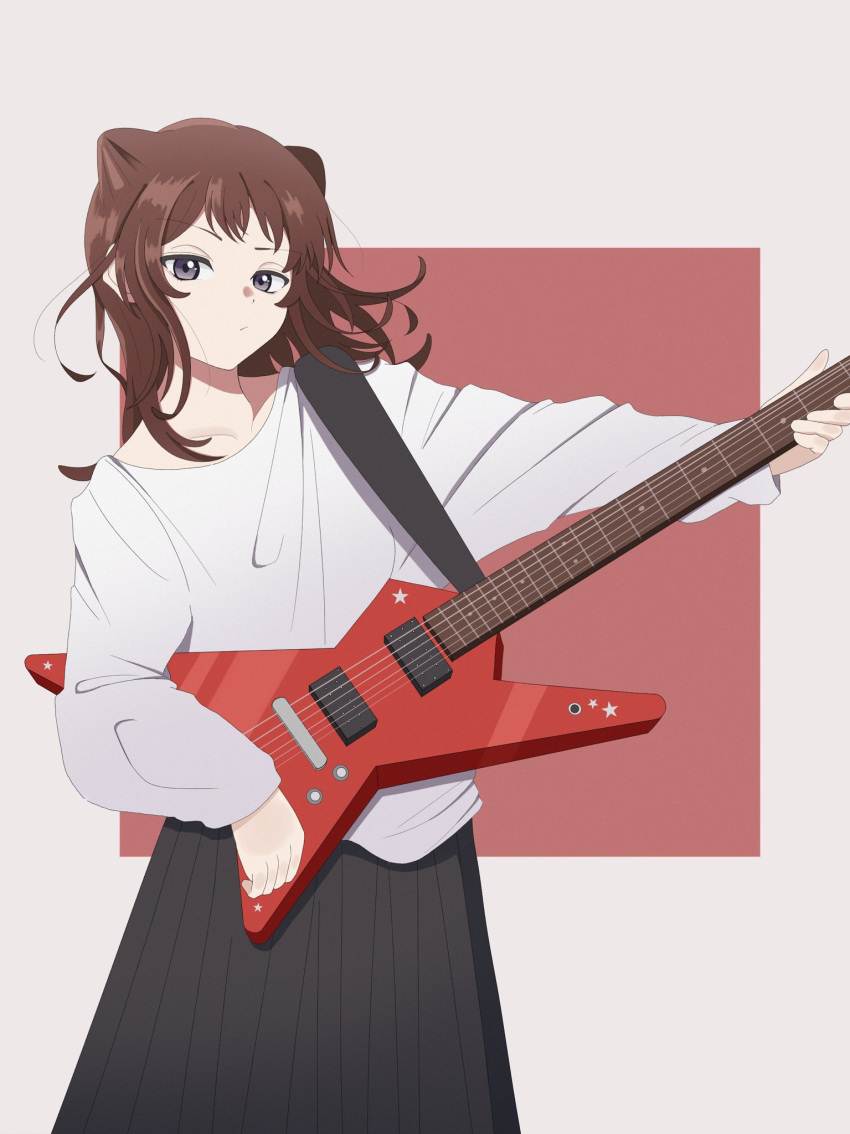 1girl, bang_dream!, bangs, black_eyes, black_skirt, brown_hair, electric_guitar, guitar, highres, holding, holding_instrument, instrument, long_hair, long_sleeves, shirt, skirt, solo, toyama_kasumi, upper_body, white_shirt, yasou0049