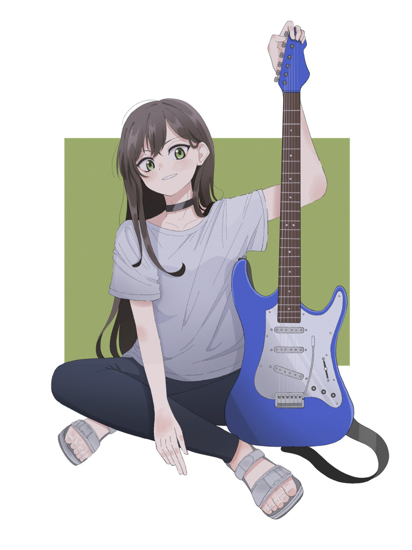 1girl, bang_dream!, black_choker, black_pants, blush, brown_hair, choker, electric_guitar
