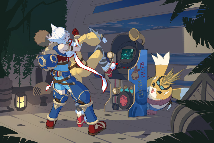 1girl, 2boys, absurdres, animal_ears, arcade_cabinet, bare_shoulders, bodysuit, brown_hair, cat_ears, finaru-dorim, full_body, gloves, goggles, goggles_on_head, highres, indoors, lantern, multiple_boys, nia_(xenoblade), rex_(xenoblade), short_hair, silver_hair, tiger!_tiger!, tora_(xenoblade_2), tree, xenoblade_chronicles_(series), xenoblade_chronicles_2, yellow_bodysuit