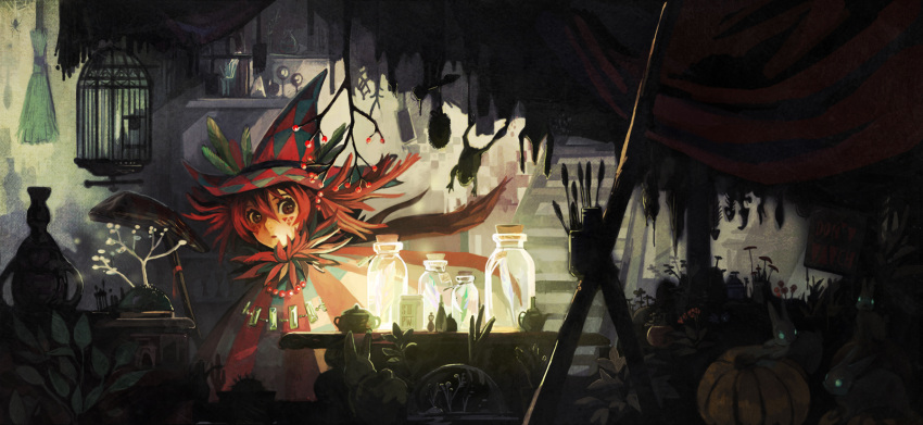 1girl, bottle, broom, brown_eyes, bug, cage, glowing, hair_between_eyes