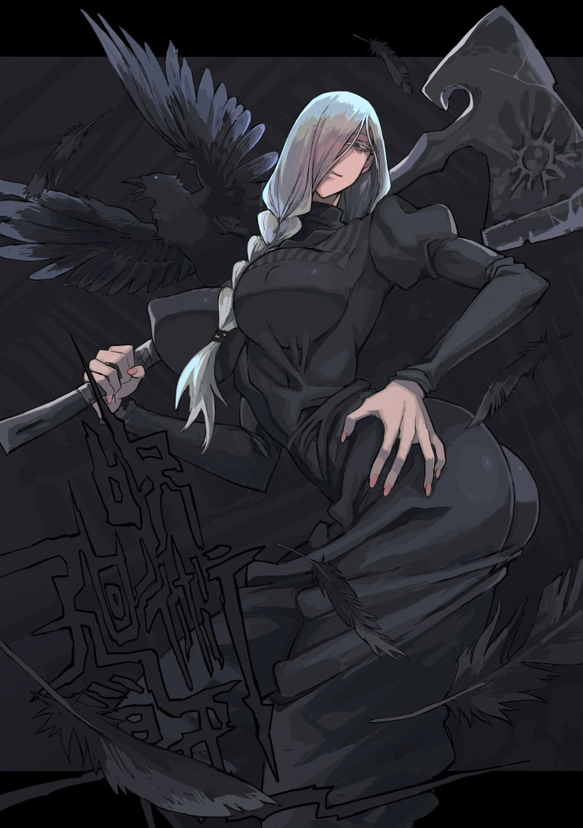10den, 1girl, animal, ass, axe, bird, black_dress, black_feathers