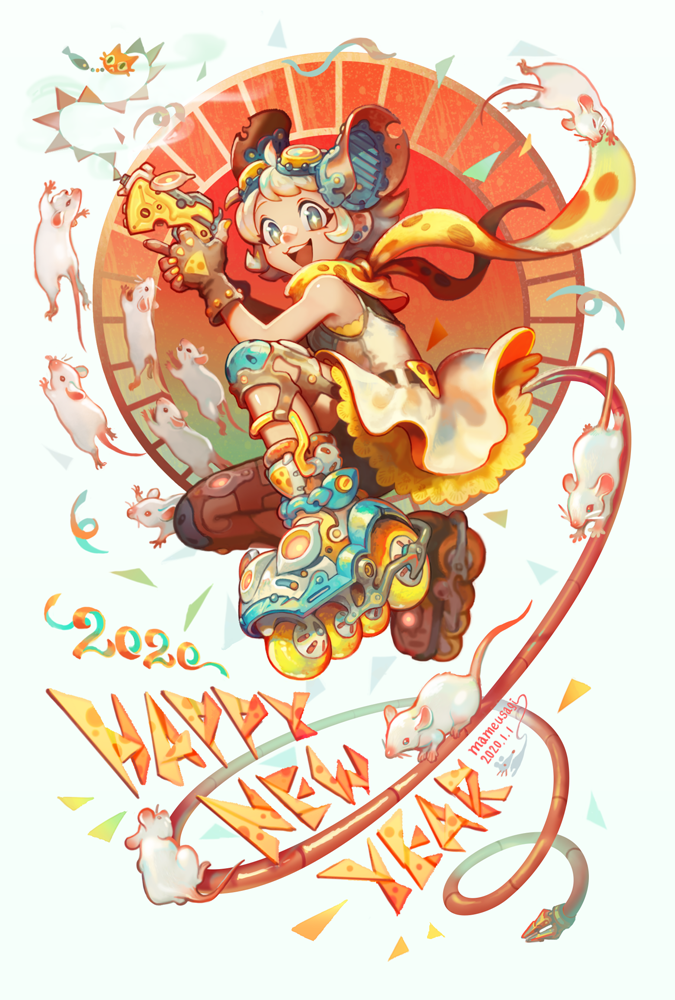 +_+, 1girl, 2020, animal_ears, brown_gloves, chinese_zodiac, dated, dress