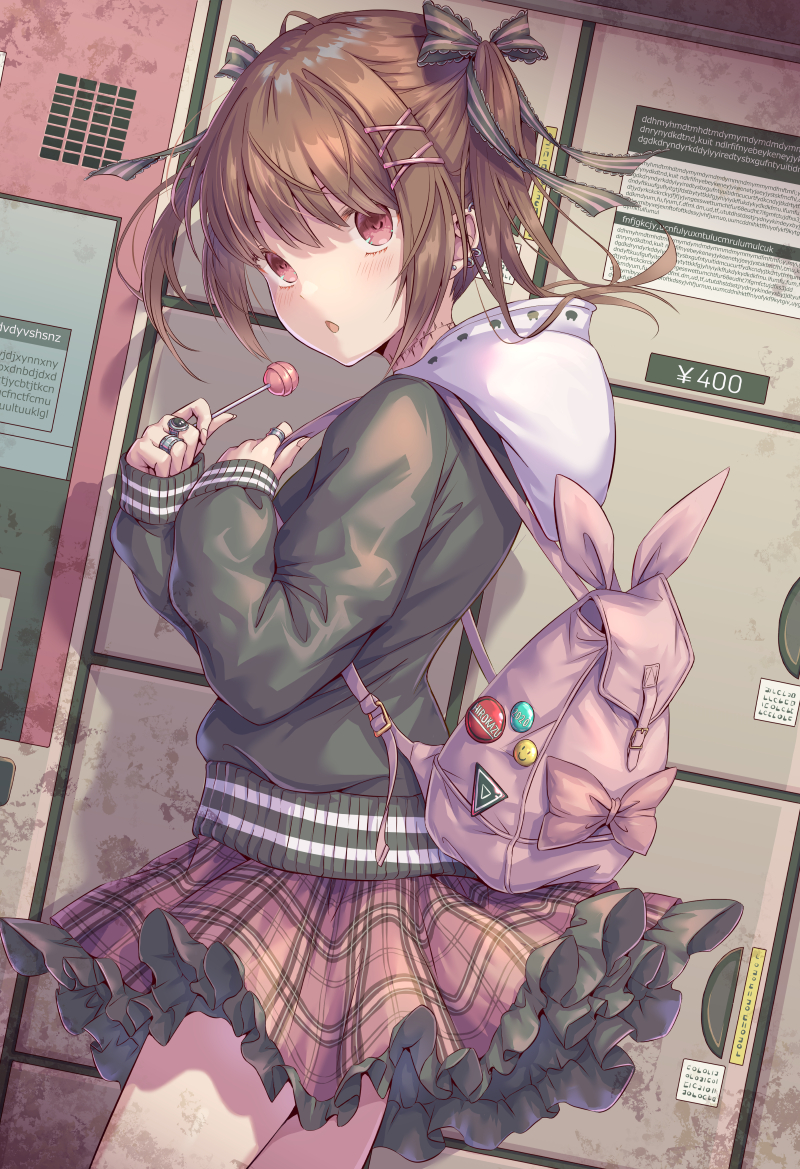 1girl, backpack, bag, brown_hair, candy, earrings, food, frilled_ribbon