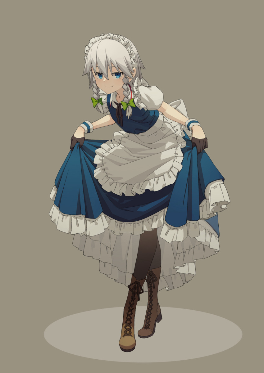14mango, 1girl, apron, bangs, black_gloves, black_legwear, blue_dress, blue_eyes