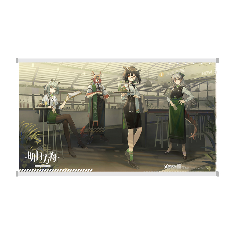 1boy, 3girls, alternate_costume, apron, arknights, cafe, chair, dragon_girl