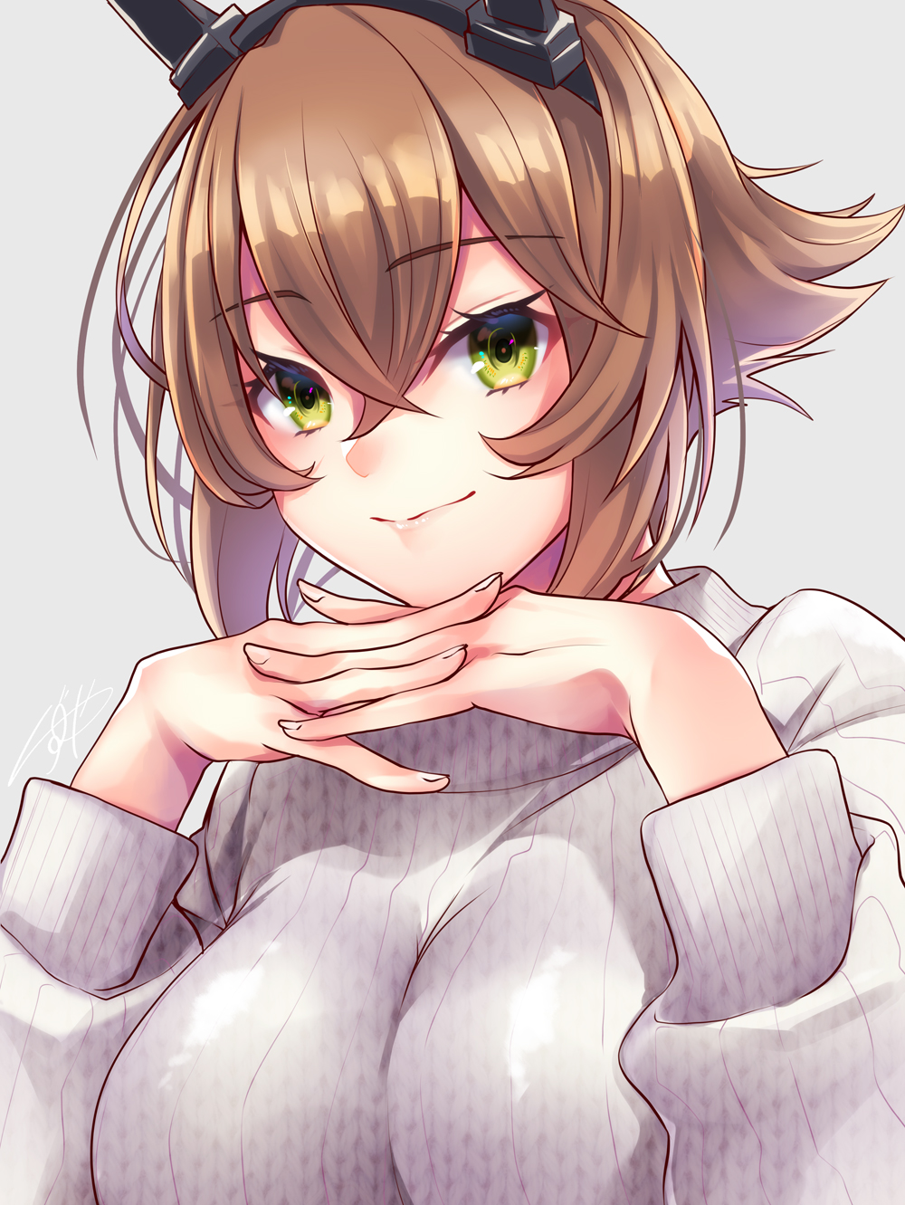 1girl, alternate_costume, blush, breasts, brown_hair, chikage_(blackclownery), green_eyes, grey_background, grey_sweater, hair_between_eyes, headgear, highres, interlocked_fingers, kantai_collection, large_breasts, long_sleeves, looking_at_viewer, mutsu_(kantai_collection), short_hair, simple_background, smile, solo, sweater