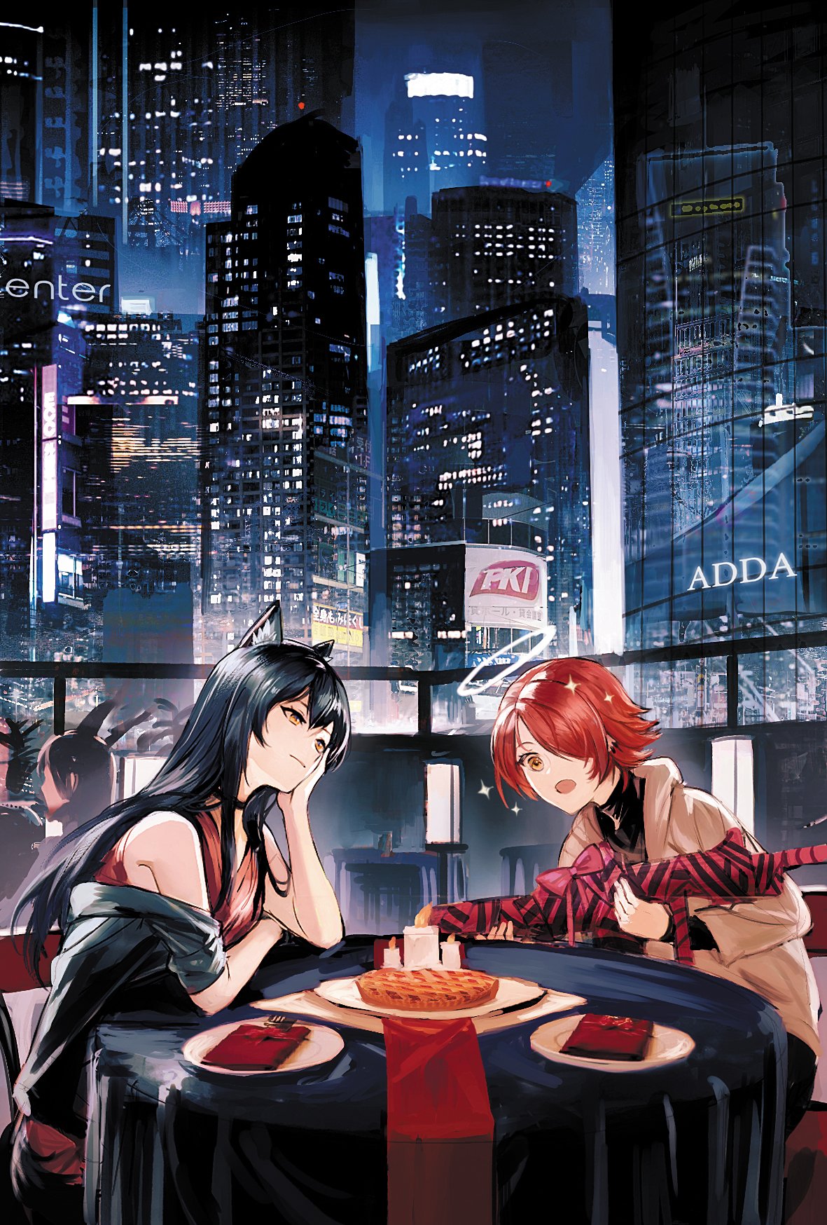 2girls, animal_ears, arknights, black_hair, black_jacket, bow, building, candle