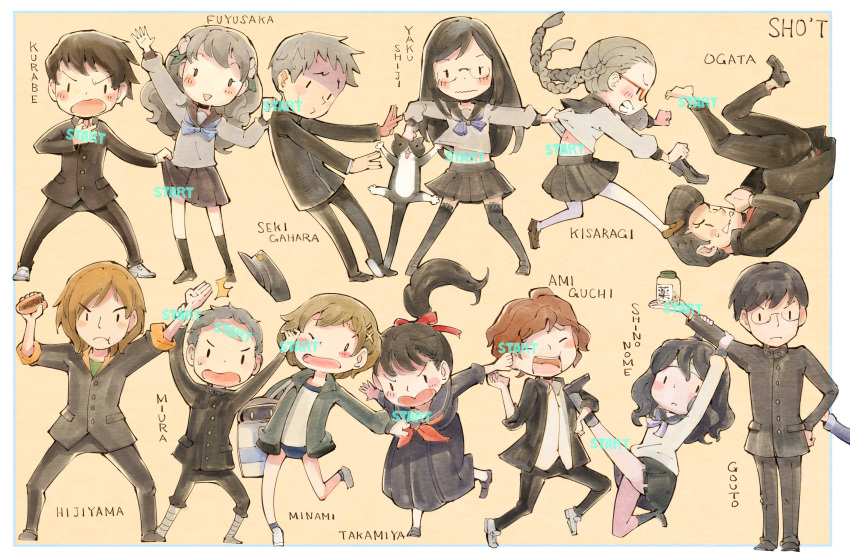 6+boys, 6+girls, absurdres, amiguchi_shuu, animal, artist_name, bag, bandages