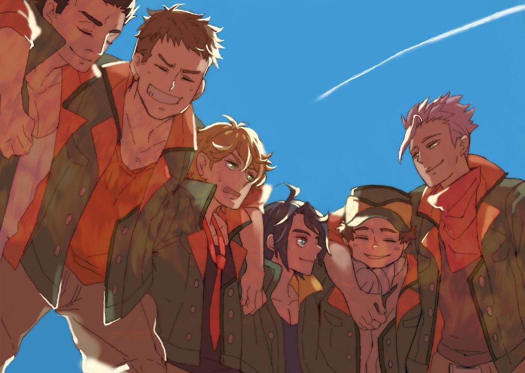 6+boys, ahoge, biscuit_griffon, black_hair, blonde_hair, blue_eyes, brown_hair, character_request, dark_skin, dark_skinned_male, eugene_sevenstark, gundam, gundam_tekketsu_no_orphans, himhim10kio, jacket, long_sleeves, mikazuki_augus, multiple_boys, necktie, open_mouth, orga_itsuka, short_hair, smile, uniform, white_hair