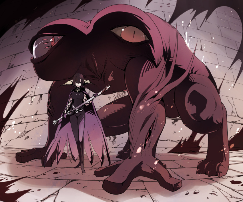 1girl, amdarias, bangs, black_bodysuit, bodysuit, brick_floor, brick_wall, brown_eyes, brown_hair, cape, closed_mouth, commentary_request, extra_eyes, full_body, high_collar, himmelmez, holding, holding_staff, holding_sword, holding_weapon, looking_at_viewer, looking_to_the_side, miya9, monster, no_mouth, purple_cape, ragnarok_online, red_eyes, short_hair, sleeveless_bodysuit, smile, staff, standing, sword, weapon