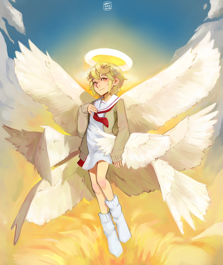 1girl, absurdres, angel, artist_name, brown_eyes, clouds, dated, day