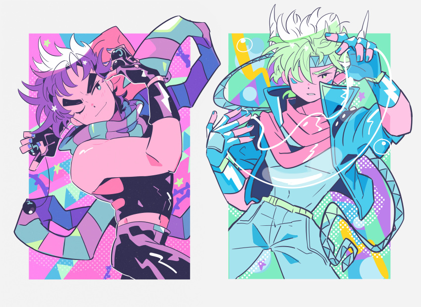 2boys, absurdres, arm_behind_head, bare_arms, bare_shoulders, battle_tendency, blue_eyes, blue_gloves