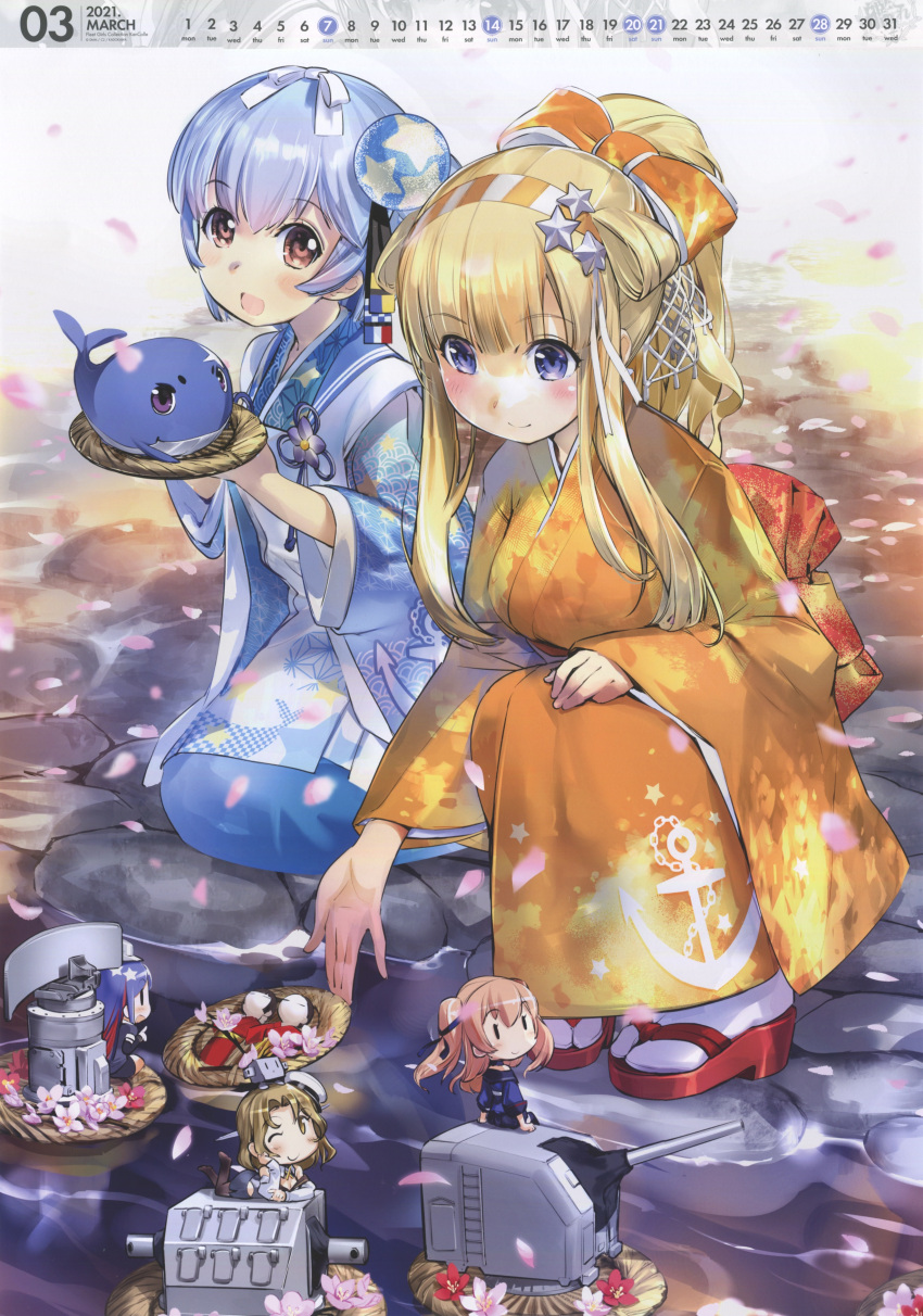 1other, 5girls, :d, absurdres, anchor_symbol, blonde_hair, blue_eyes, blue_hair