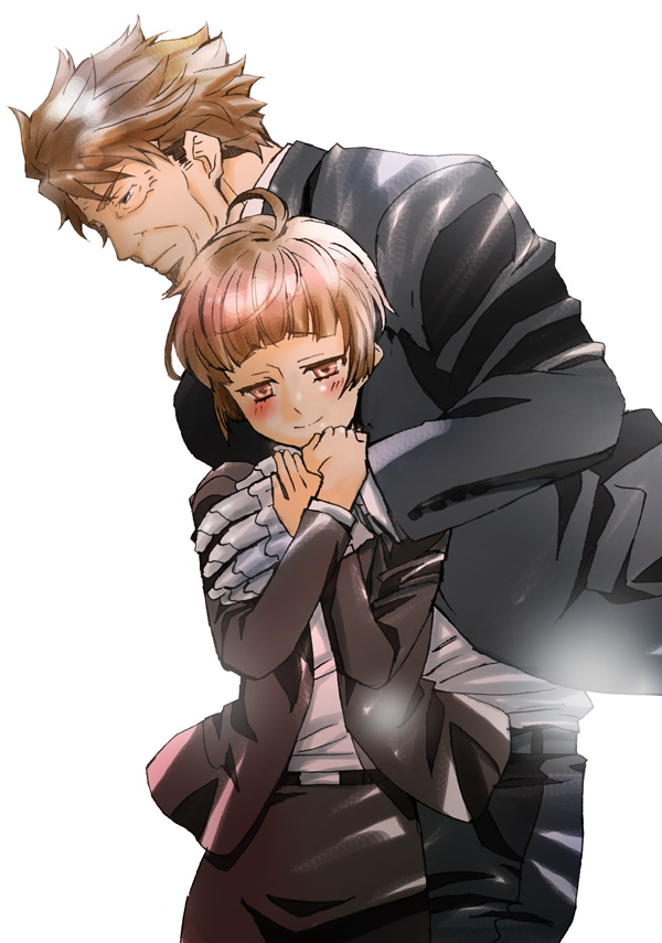 1boy, 1girl, ahoge, bangs, black_pants, black_suit, blush, brown_hair, crossed_arms, formal, hands_up, long_sleeves, masaoka_tomomi, mechanical_arm, millipen_(medium), old, old_man, pants, prosthesis, prosthetic_arm, psycho-pass, red_eyes, short_hair, simple_background, skirt, smile, standing, suit, taketake09190920, traditional_media, tsunemori_akane, white_background