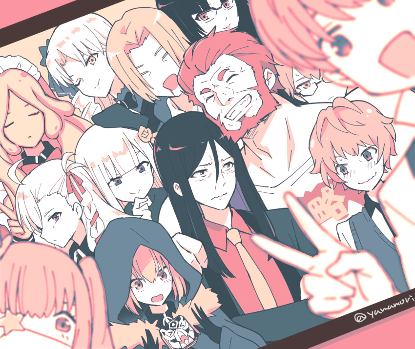 6+girls, :d, alexander_(fate), bangs, black_gloves, black_hair, black_headwear, black_jacket