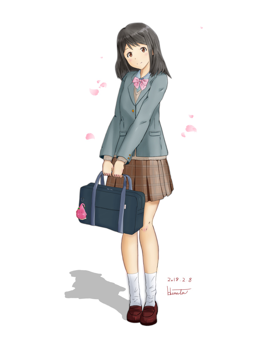 1girl, absurdres, artist_name, bag, bag_charm, black_hair, blush, bookbag, bow, brown_eyes, brown_footwear, brown_skirt, charm_(object), dated, full_body, grey_blazer, highres, hinata2325, long_sleeves, looking_at_viewer, medium_hair, mizuno_akane, pink_bow, plaid, plaid_skirt, school_uniform, shadow, simple_background, skirt, smile, socks, standing, sweater, tsuki_ga_kirei, white_background, white_legwear
