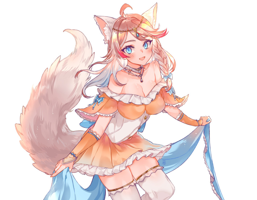 1girl, :d, ahoge, animal_ear_fluff, bare_shoulders, blue_bow, blue_eyes, blush