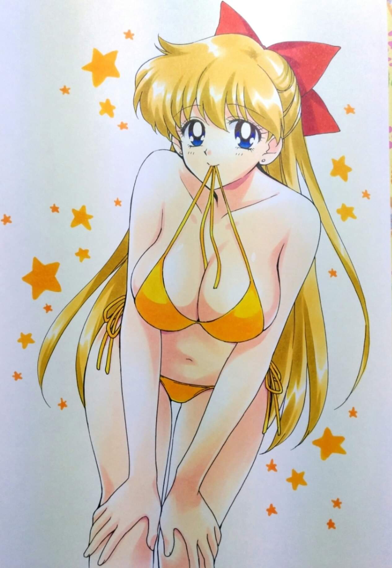 1girl, aino_minako, bikini, bikini_top, bishoujo_senshi_sailor_moon, blonde_hair, blue_eyes, bow, bowtie, breasts, colored_skin, earrings, hands_on_own_knees, highres, holding, holding_bikini_top, hot, jewelry, large_breasts, leaning_forward, long_hair, orange_bikini, sailor_v, sailor_venus, smile, solo, stars, swimsuit, very_long_hair, white_skin