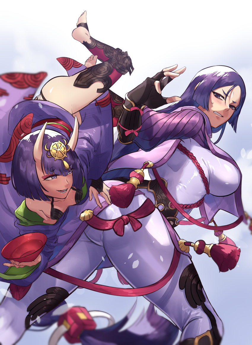 2girls, absurdres, arm_guards, barefoot_sandals, black_gloves, bob_cut, bodysuit, breasts, chan100577, cup, fate/grand_order, fate_(series), fingerless_gloves, gloves, headpiece, highres, horns, japanese_clothes, kimono, large_breasts, loincloth, long_hair, low-tied_long_hair, makeup, minamoto_no_raikou_(fate/grand_order), multiple_girls, oni, oni_horns, open_clothes, open_kimono, purple_bodysuit, purple_hair, purple_kimono, revealing_clothes, ribbed_sleeves, rope, sakazuki, short_eyebrows, short_hair, shuten_douji_(fate/grand_order), skin-covered_horns, tabard, very_long_hair, violet_eyes