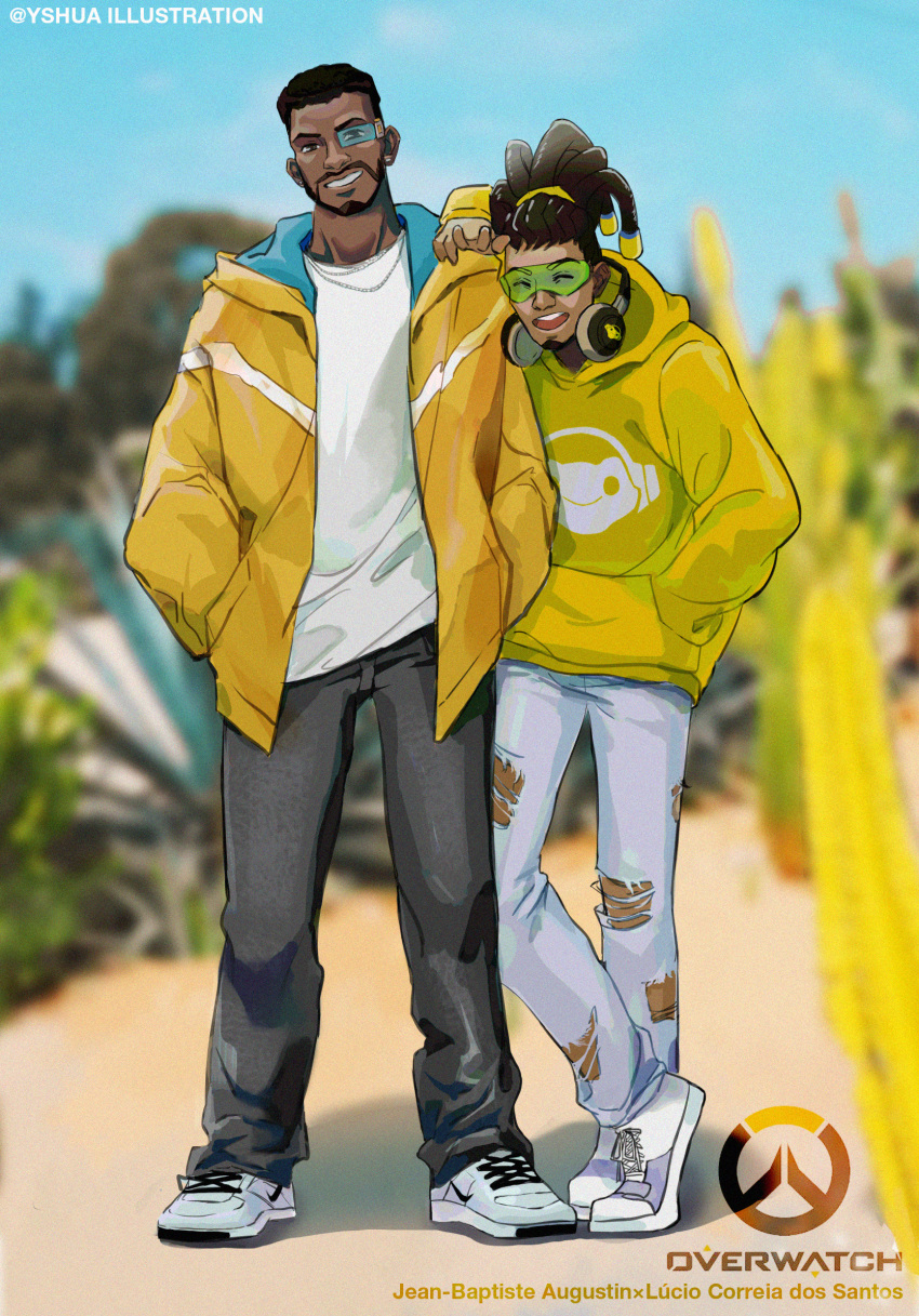 2boys, baggy_clothes, baptiste_(overwatch), beard, black_pants, blurry, blurry_background, casual, chain_necklace, character_name, copyright_name, dark_skin, dark_skinned_male, denim, facial_hair, full_body, goatee, goggles, green-tinted_eyewear, grey_pants, hair_ornament, hair_scrunchie, hairlocs, hand_in_pocket, hands_in_pockets, headphones, headphones_around_neck, highres, hood, hooded_jacket, hoodie, jacket, jeans, jewelry, laughing, long_hair, lucio_(overwatch), male_focus, multiple_boys, necklace, nike, overwatch, overwatch_(logo), pants, rimless_eyewear, scouter, scrunchie, shoes, short_hair, sneakers, torn_clothes, torn_jeans, torn_pants, undercut, upper_teeth, very_dark_skin, white_footwear, wireless, yellow_hoodie, yellow_jacket, yellow_scrunchie, yshua