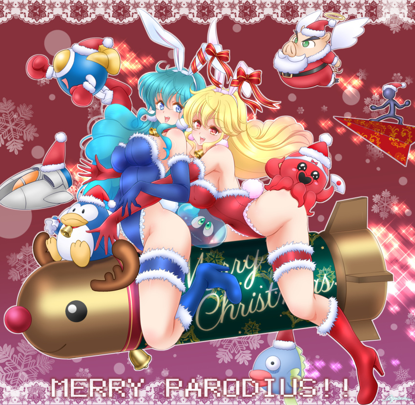 2girls, akane_(parodius), angel, angel_wings, ayumu_(ayumumkrg), blonde_hair, blue_eyes, blue_leotard