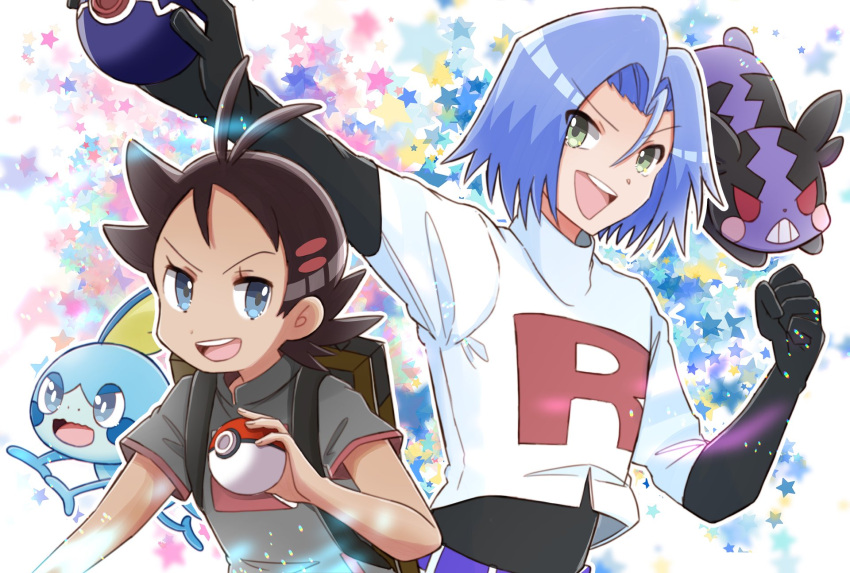 2boys, angry, gen_8_pokemon, goh_(pokemon), highres, hutao_poke, james_(pokemon), morpeko