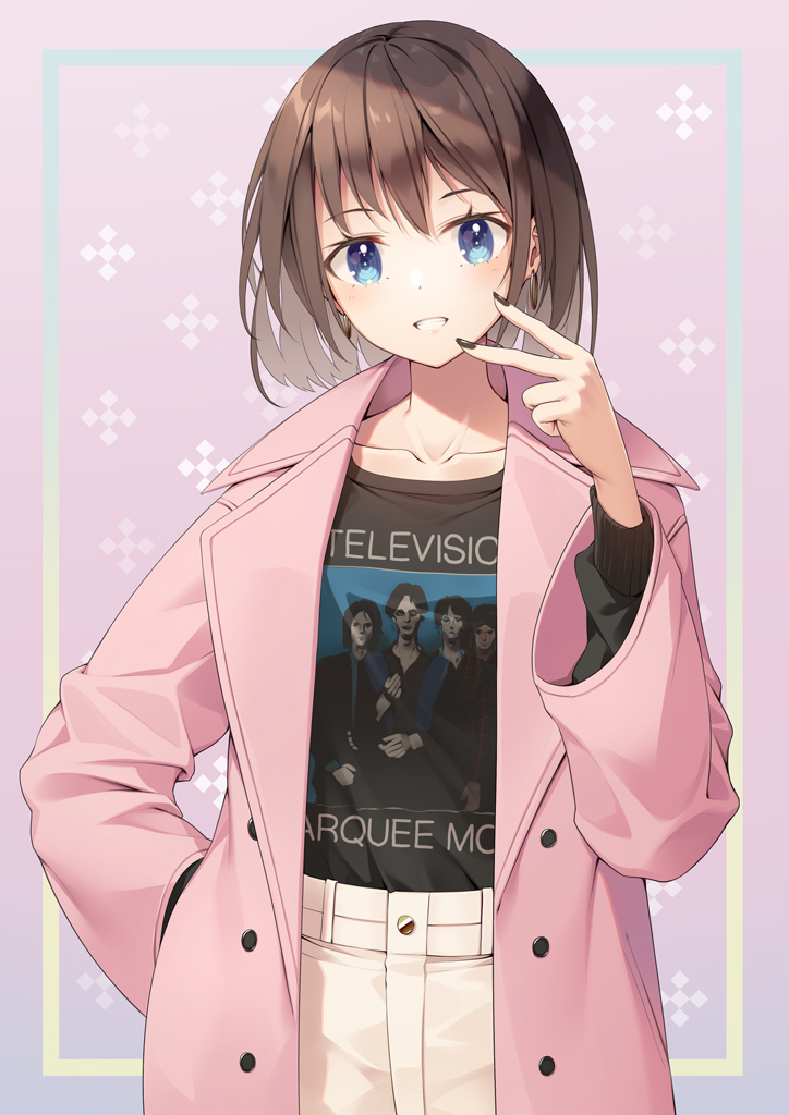 1girl, bangs, black_nails, black_shirt, blue_eyes, brown_hair, coat, commentary_request