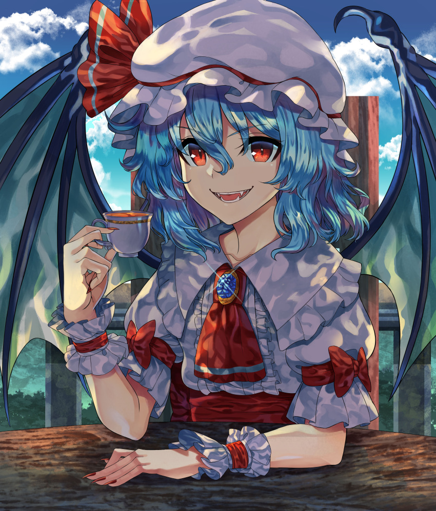 1girl, absurdres, arms_on_table, blue_hair, bow, brooch, center_frills, clouds