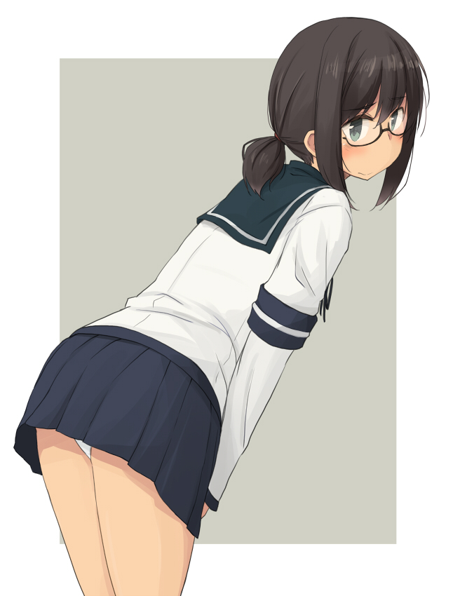 1girl, adapted_costume, arm_warmers, bespectacled, black_hair, blue_sailor_collar, blue_skirt, border, cowboy_shot, from_behind, fubuki_(kantai_collection), glasses, green_eyes, grey_background, kantai_collection, kugui_kiyunemu, long_hair, looking_at_viewer, low_ponytail, panties, pleated_skirt, ponytail, sailor_collar, school_uniform, serafuku, short_ponytail, sidelocks, skirt, solo, underwear, white_border, white_panties