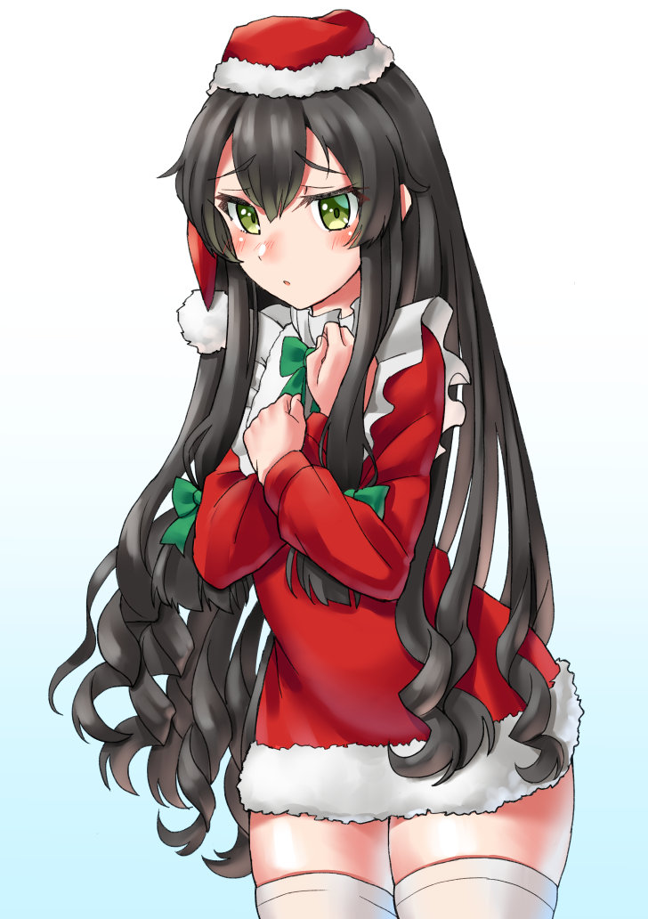 1girl, black_hair, cowboy_shot, dress, fur-trimmed_dress, fur-trimmed_headwear, fur_trim, gradient