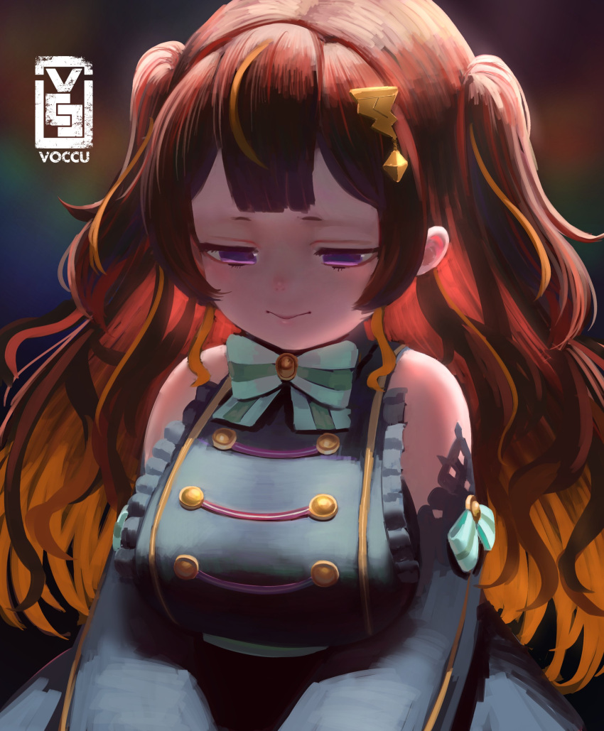 1girl, :>, absurdres, anya_melfissa, artist_logo, bangs, black_dress, blonde_hair, bow, breasts, brown_hair, detached_sleeves, dress, gradient_hair, highres, hololive, hololive_indonesia, kris_hair_ornament, large_breasts, multicolored_hair, oppai_loli, purple_hair, short_eyebrows, solo, streaked_hair, virtual_youtuber, voccu, white_bow