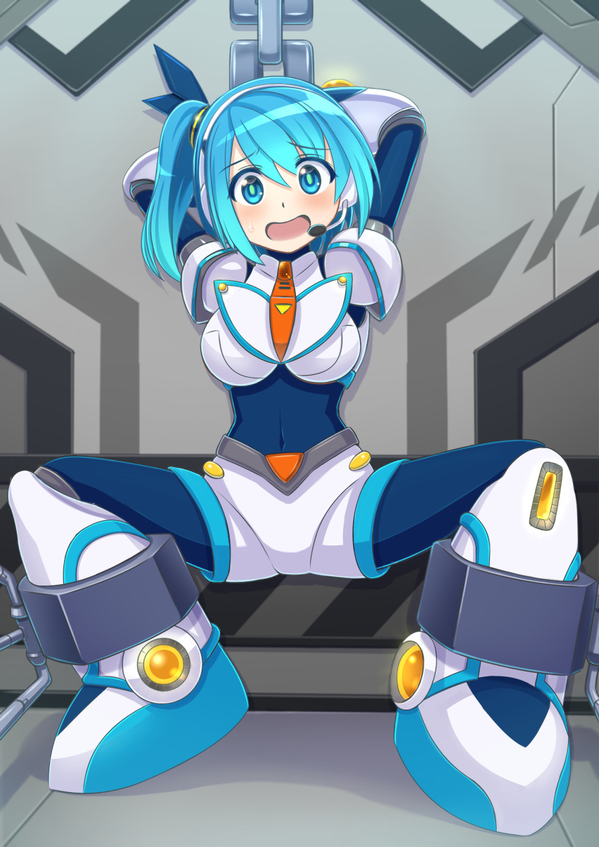 1girl, android, armor, armored_boots, arms_behind_head, bangs, blue_bodysuit, blue_eyes