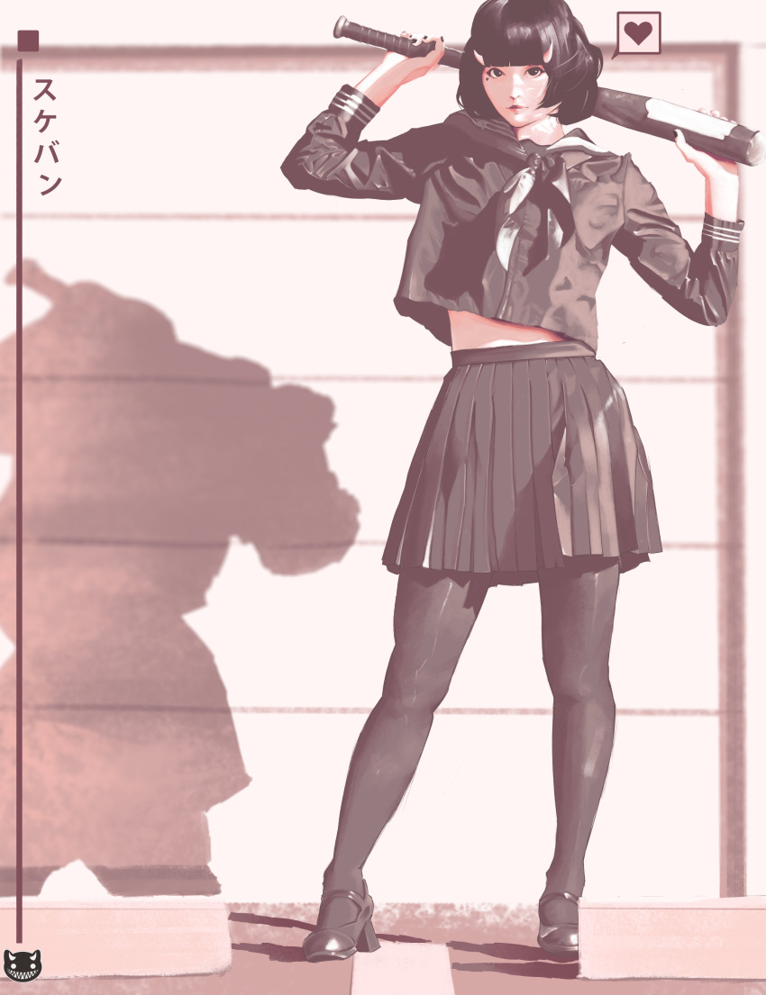 1girl, absurdres, bangs, baseball_bat, black_eyes, black_footwear, black_hair, black_legwear, black_serafuku, black_skirt, blunt_bangs, garage, heart, high_heels, highres, holding, holding_baseball_bat, horns, ii-deactivated-ii, leggings, looking_at_viewer, mole, mole_under_eye, original, school_uniform, serafuku, shadow, skirt, solo, spoken_heart