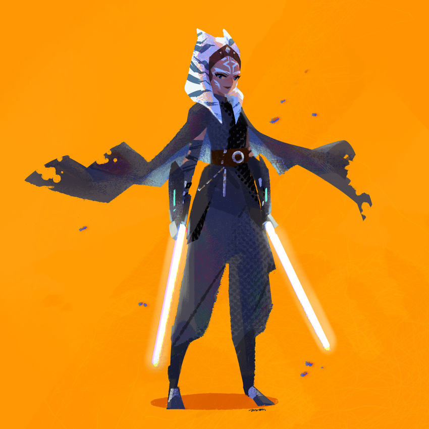 1girl, ahsoka_tano, baggy_pants, belt, black_cape, blue_eyes, cape, colored_skin