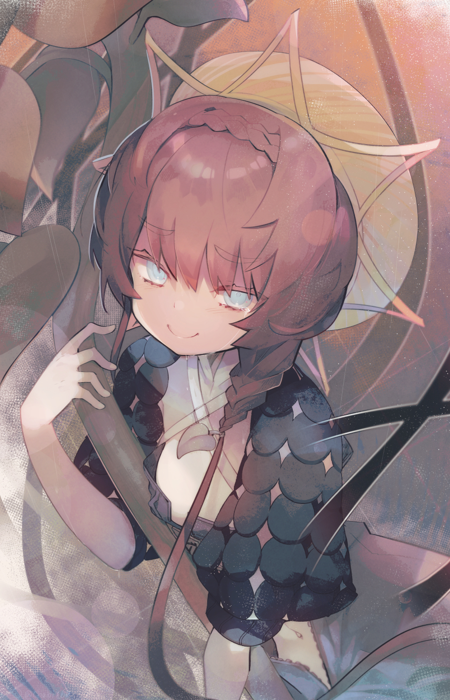 1girl, bangs, blue_eyes, braid, breasts, brown_hair, closed_mouth, commentary_request