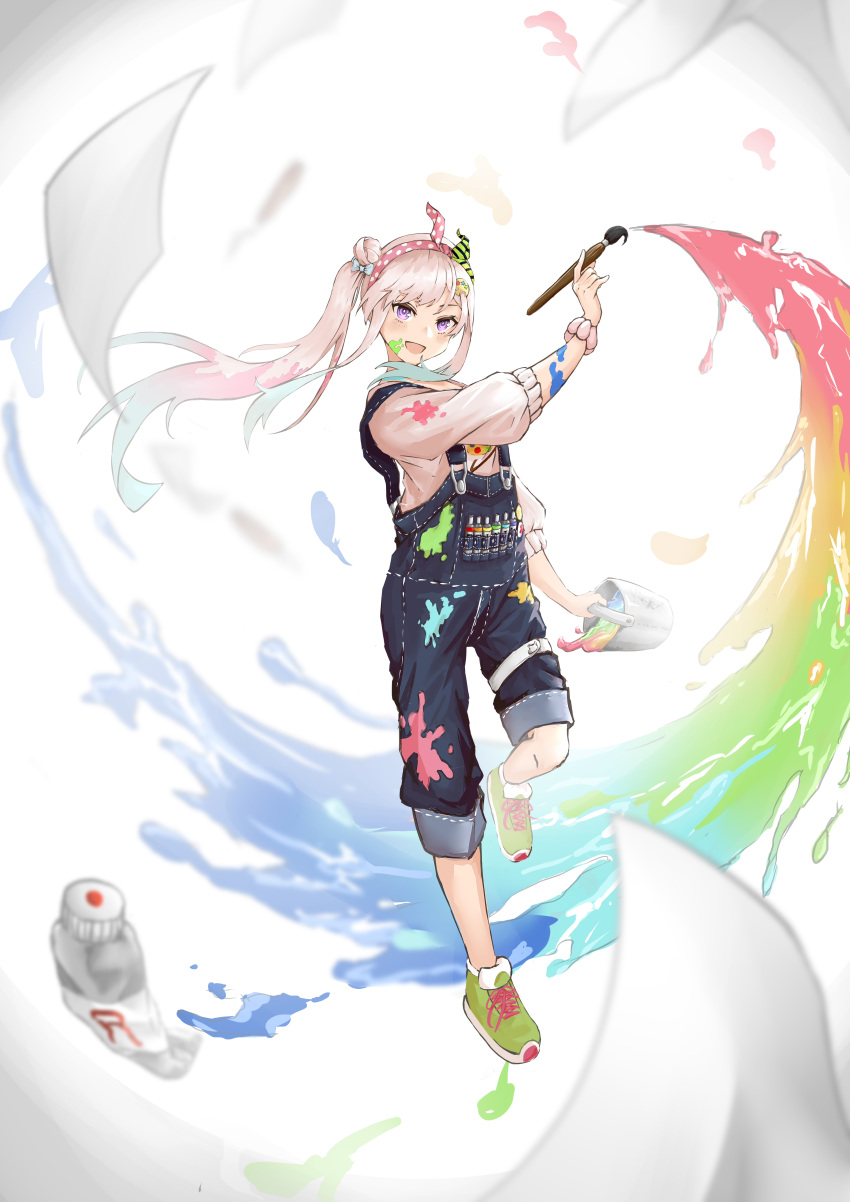 1girl, absurdres, airani_iofifteen, bangs, blue_hair, bracelet, bucket, fairxw, gradient_hair, hair_bun, hairband, highres, holding, holding_bucket, holding_paintbrush, hololive, hololive_indonesia, jewelry, long_hair, long_sleeves, multicolored_hair, open_mouth, overalls, paint, paint_splatter, paintbrush, pink_hair, shoes, side_ponytail, sneakers, solo, violet_eyes, virtual_youtuber