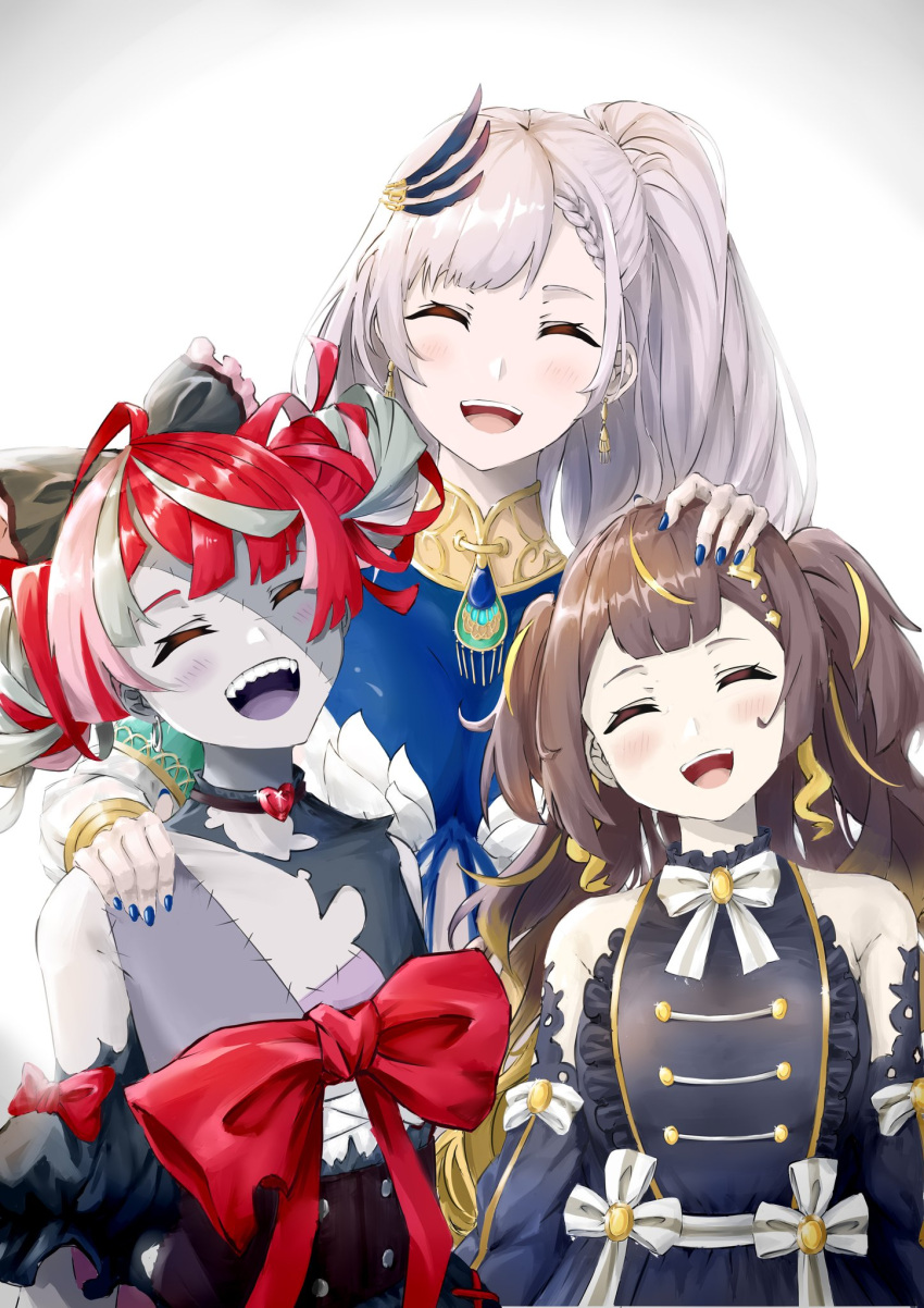 3girls, ^_^, anya_melfissa, bangs, black_bow, blonde_hair, blush, bow