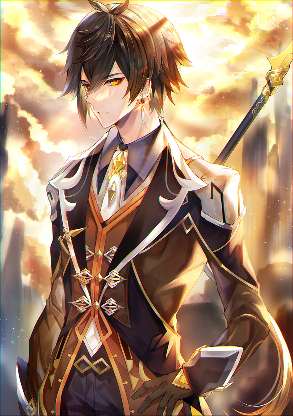 1boy, aoi_sana, bangs, black_gloves, black_hair, blurry, blurry_background, brown_hair